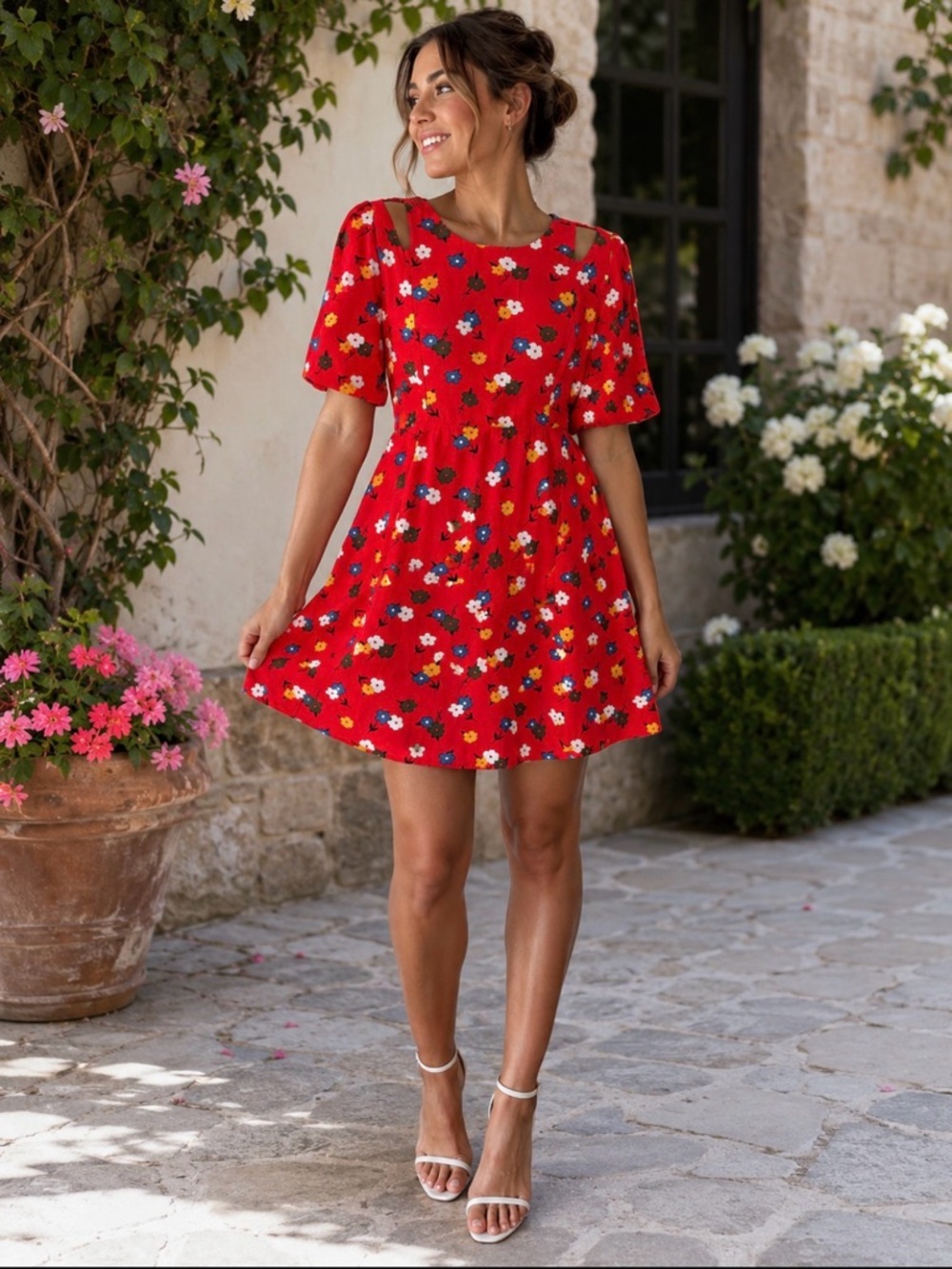 ASOS Red Floral Mini Dress with Cutout Shoulders, 12/ summer dress/ feminine